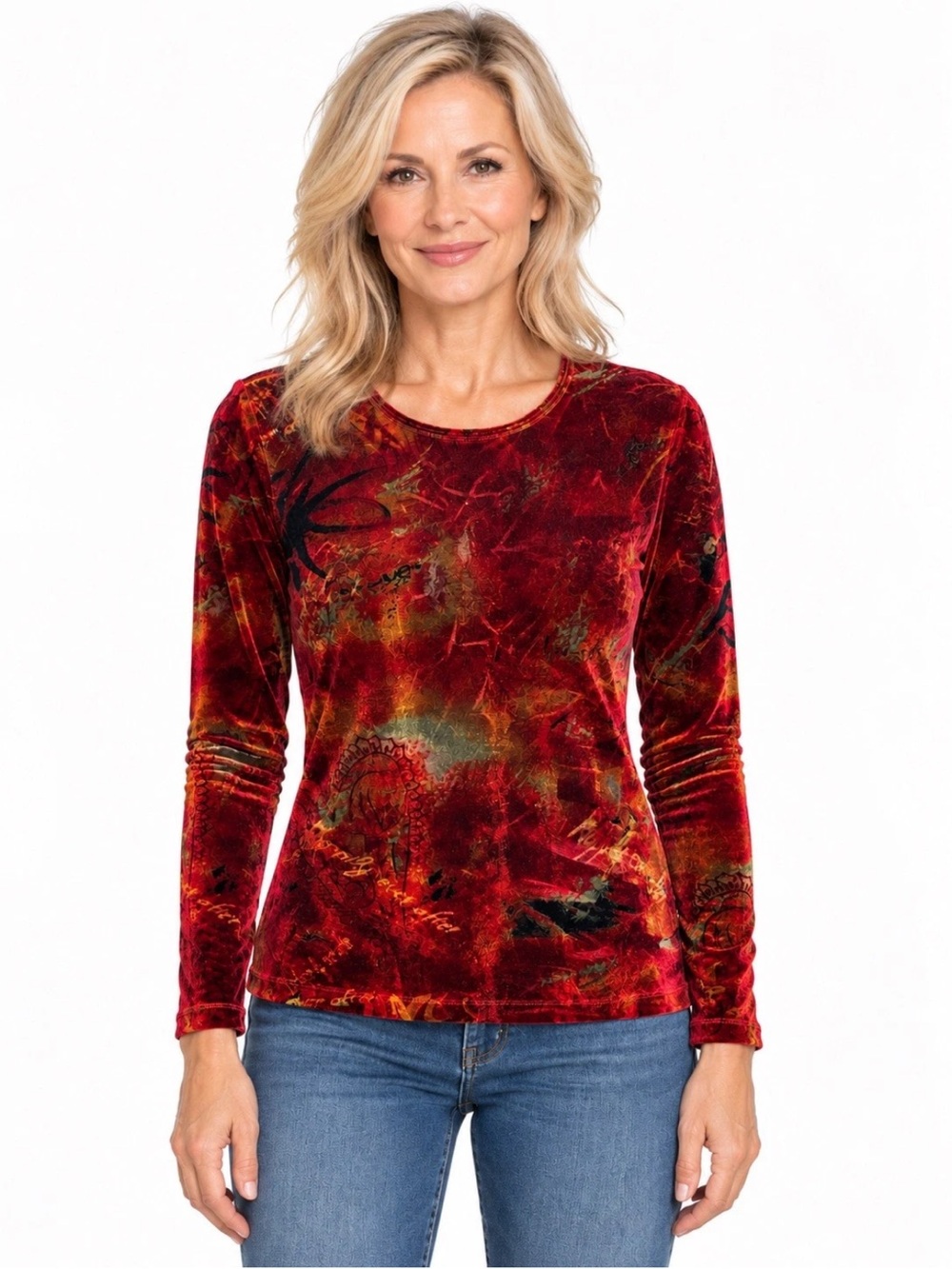 Chico's Velvet Burnout Long Sleeve Top Shirt Size 0 Small Abstract Art Graphic